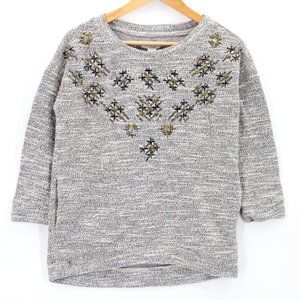 Lucky Lotus Sweater Womens Gray Pullover Knit 3/4 Sleeve Crewneck Size XS